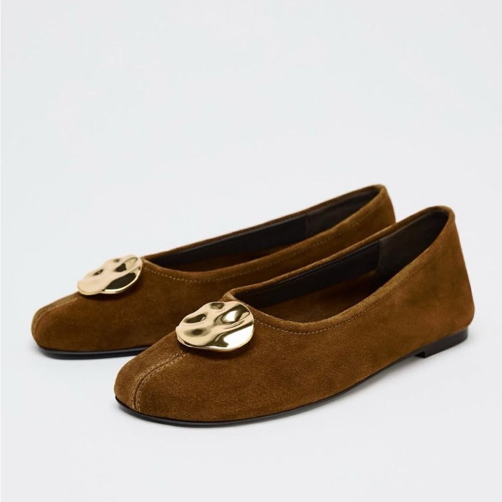 ZARA SUEDE gold buckle flats